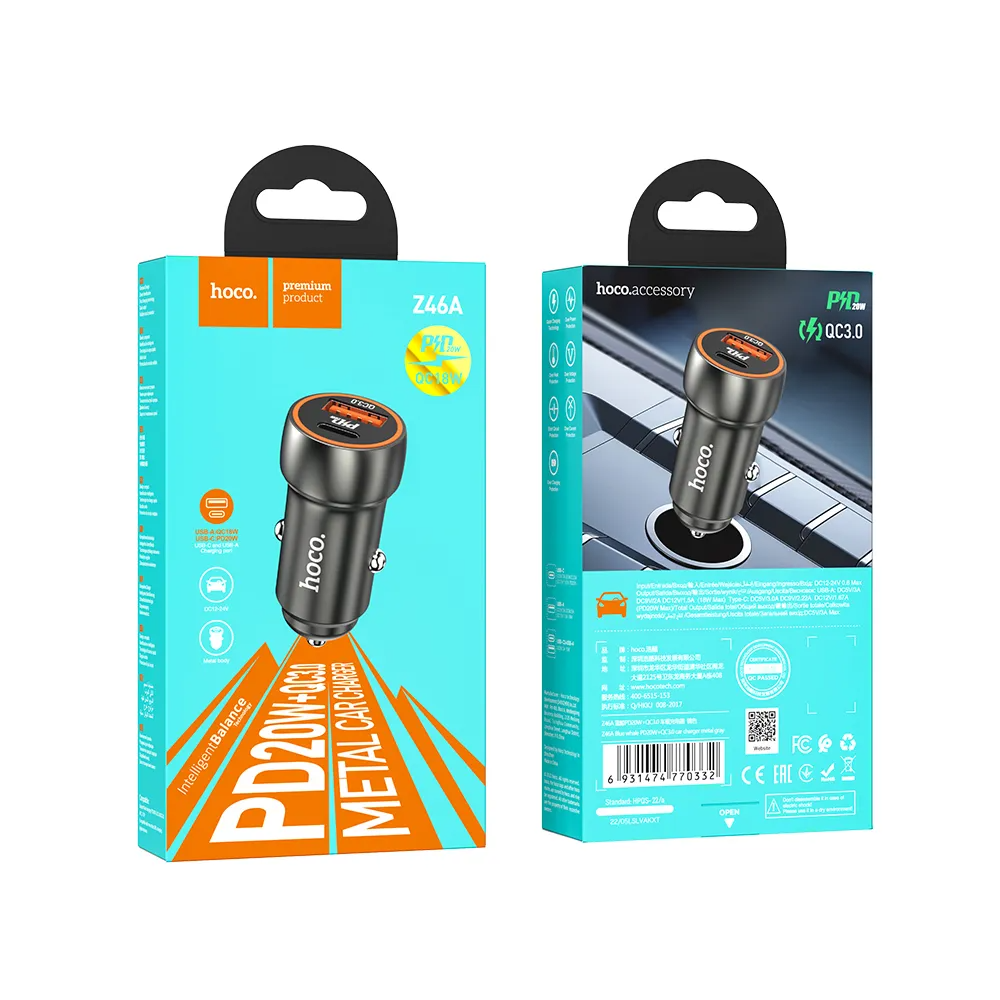 Incarcator Auto HOCO Z46A, 20W, 3A, 1 x USB-A - 1 x USB-C, Gri