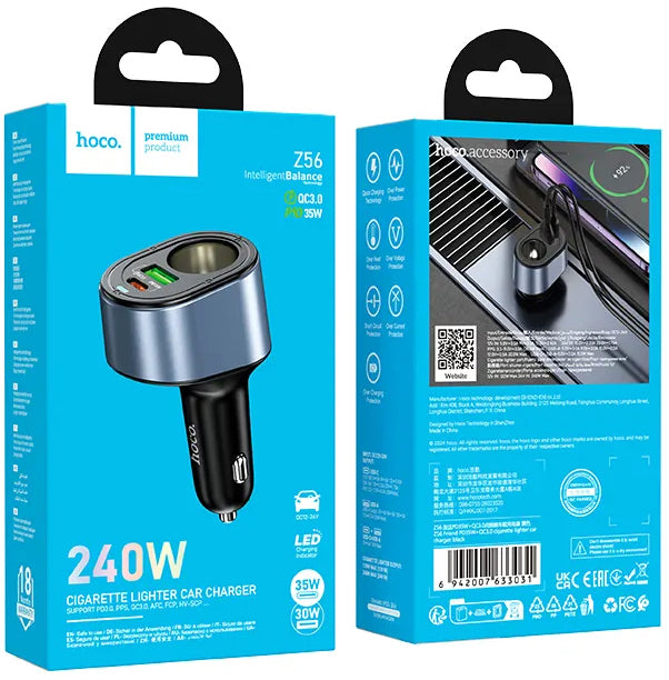 Incarcator Auto HOCO Z56, 35W, 3A, 1 x USB-A - 1 x USB-C - 1 x Extensie Bricheta, Negru
