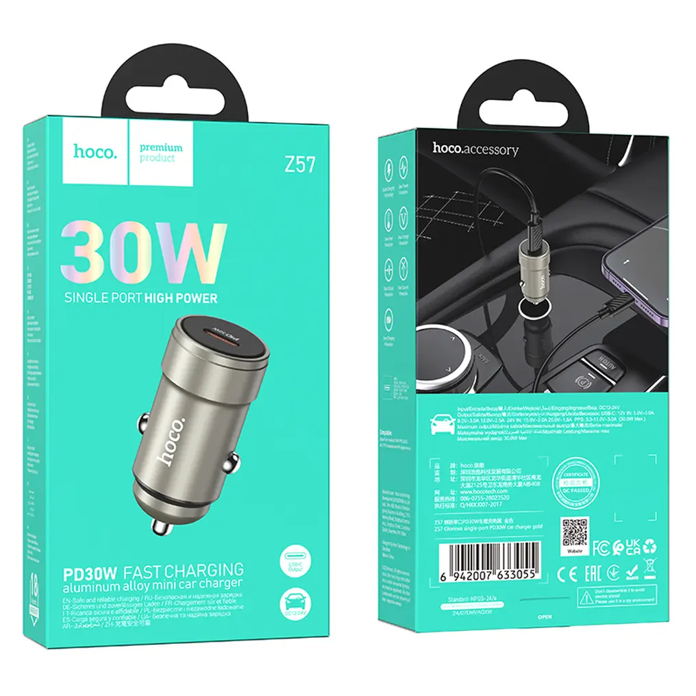 Incarcator Auto HOCO Z57, 30W, 3A, 1 x USB-C, Gri