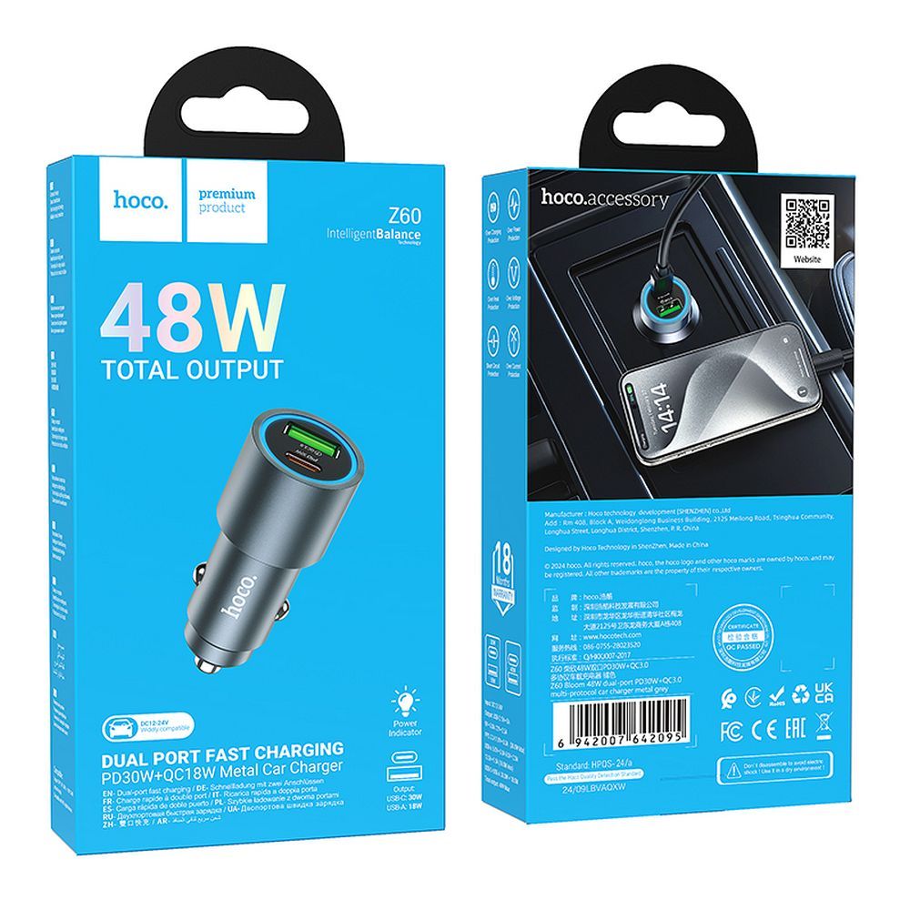 Incarcator Auto HOCO Z60, 48W, 3A, 1 x USB-A - 1 x USB-C, Negru