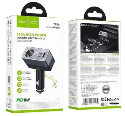 Incarcator Auto HOCO Z65A, 165W, 3A, 1 x Extensie Bricheta - 1 x USB-A - 2 x USB-C, Negru