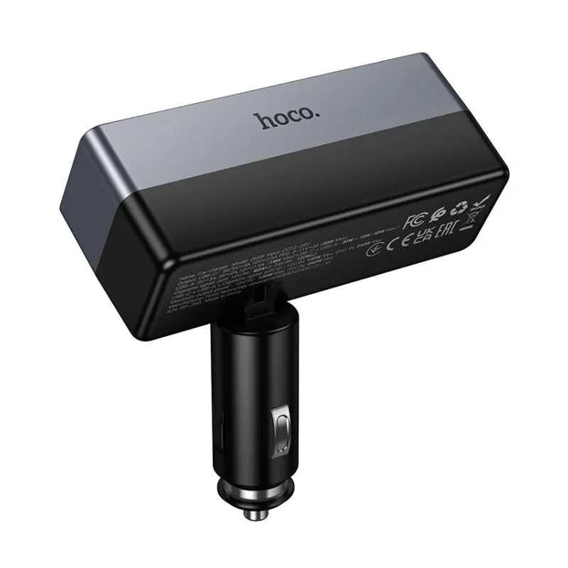 Incarcator Auto HOCO Z65B, 240W, 1 x USB-A - 1 x USB-C - 2 x Extensie Bricheta, Negru