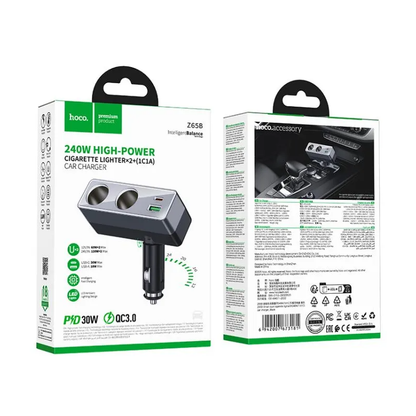 Incarcator Auto HOCO Z65B, 240W, 1 x USB-A - 1 x USB-C - 2 x Extensie Bricheta, Negru