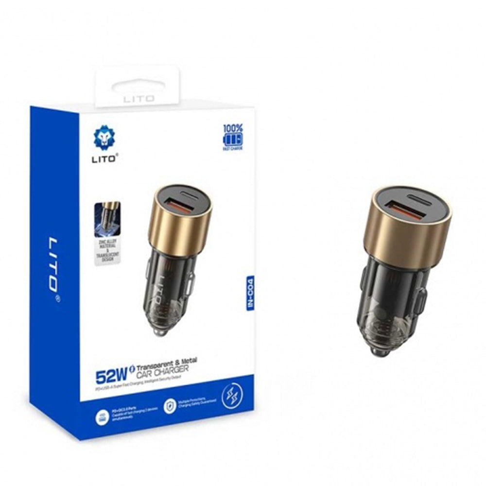 Incarcator Auto Lito IN-C04, 52W, 3A, 1 x USB-A - 1 x USB-C, Negru