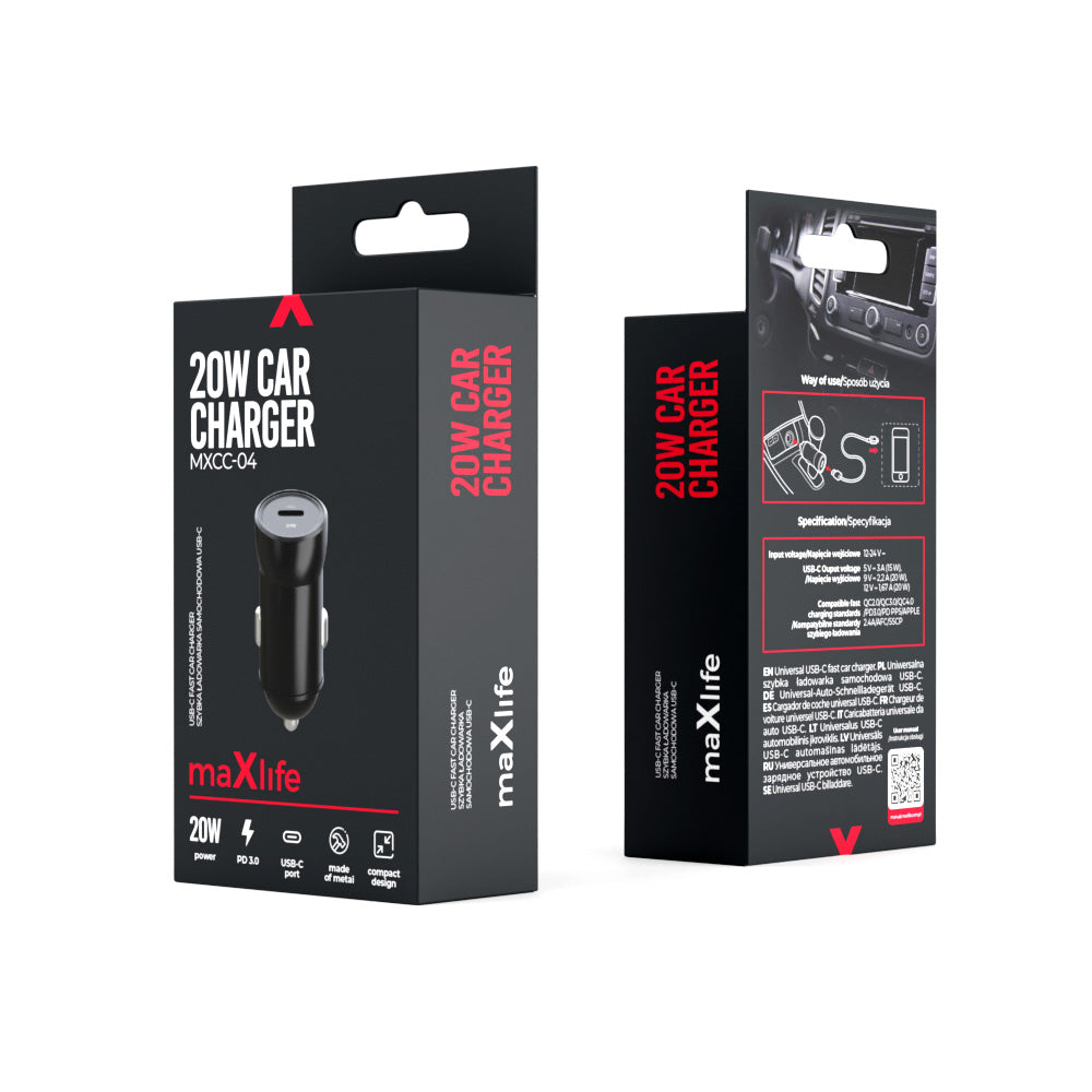 Incarcator Auto MaXlife MXCC-04, 20W, 3A, 1 x USB-C, Negru