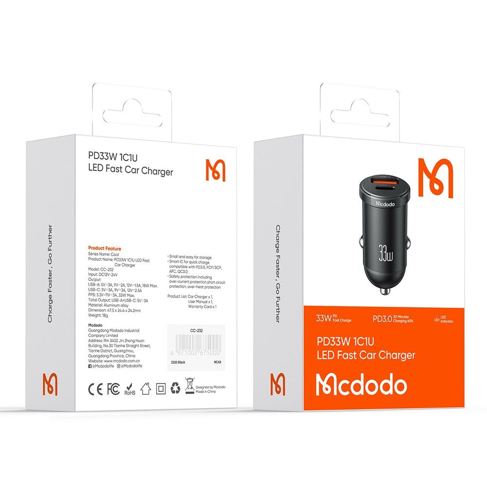 Incarcator Auto McDodo CC-2320 Cool, 33W, 3A, 1 x USB-A - 1 x USB-C, Negru