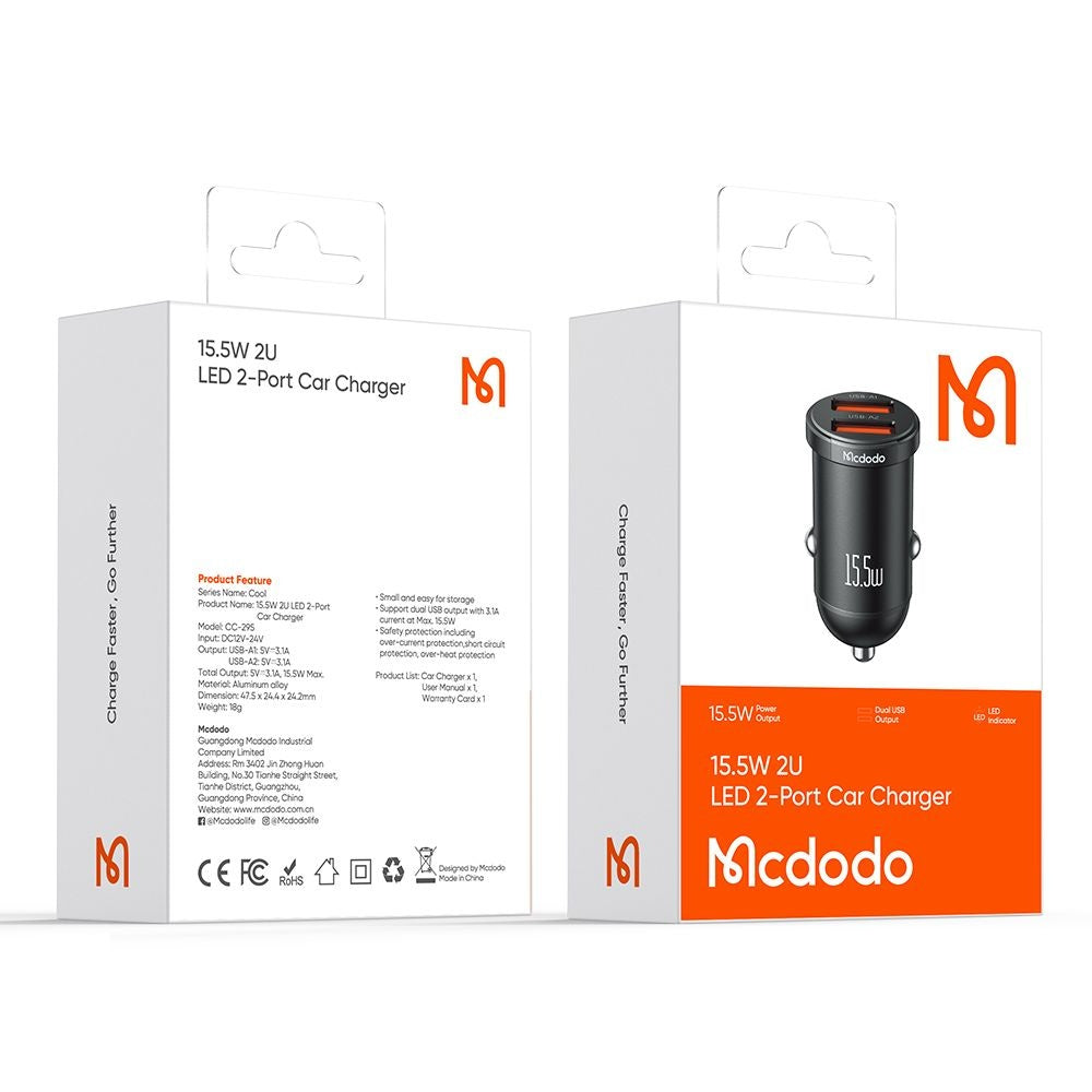 Incarcator Auto McDodo CC-2950 Cool, 15.5W, 3.1A, 2 x USB-A, Negru