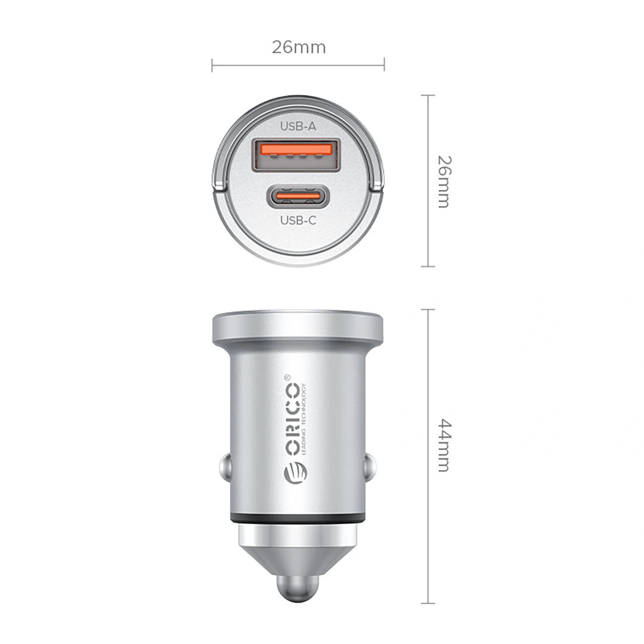 Incarcator Auto Orico MiniRing Pro, 45W, 3A, 1 x USB-A - 1 x USB-C, Argintiu
