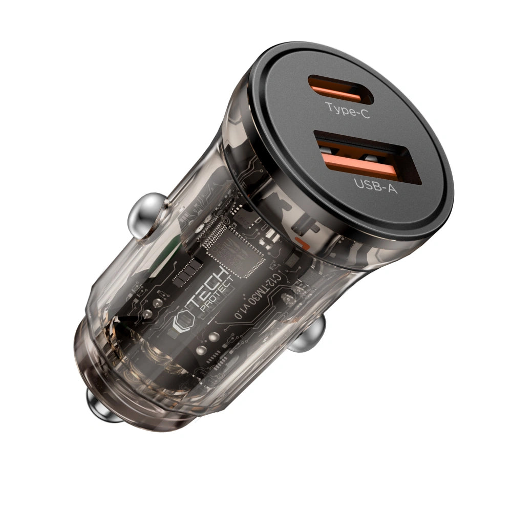 Incarcator Auto Tech-Protect CC01, 30W, 3A, 1 x USB-A - 1 x USB-C, Negru