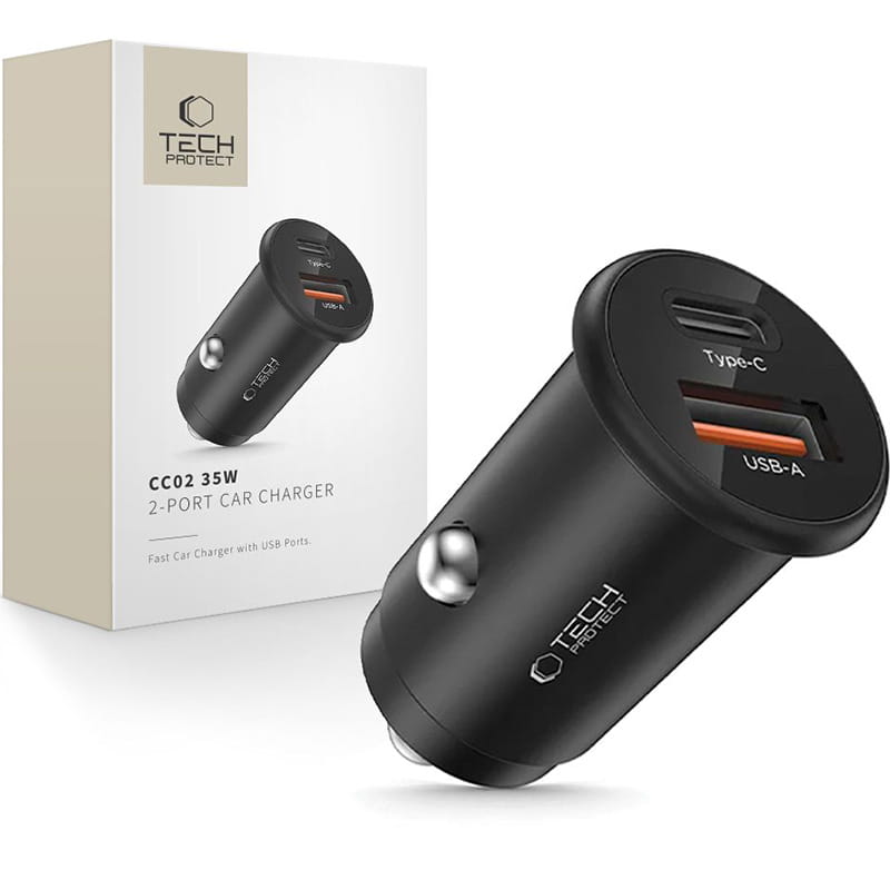 Incarcator Auto Tech-Protect CC02, 35W, 3A, 1 x USB-A - 1 x USB-C, Negru