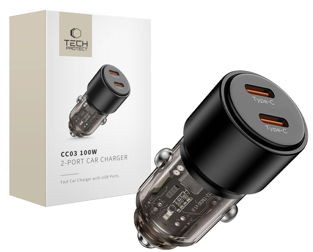 Incarcator Auto Tech-Protect CC03, 100W, 3.25A, 2 x USB-C, Negru