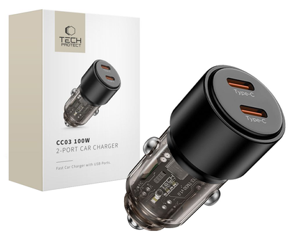 Incarcator Auto Tech-Protect CC03, 100W, 3.25A, 2 x USB-C, Negru