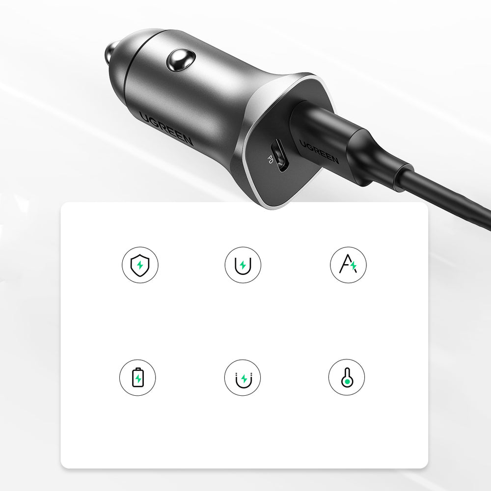 Incarcator Auto UGREEN CD130, 24W, 3A, 1 x USB-A - 1 x USB-C, Gri