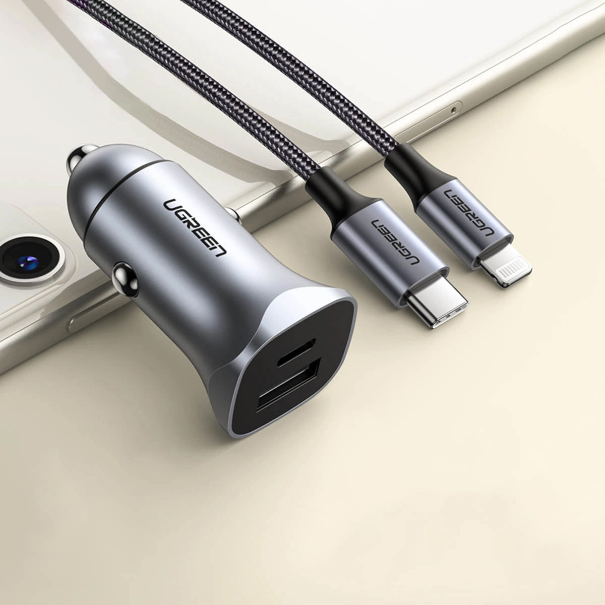 Incarcator Auto UGREEN CD130, 30W, 3A, 1 x USB-A - 1 x USB-C, Gri