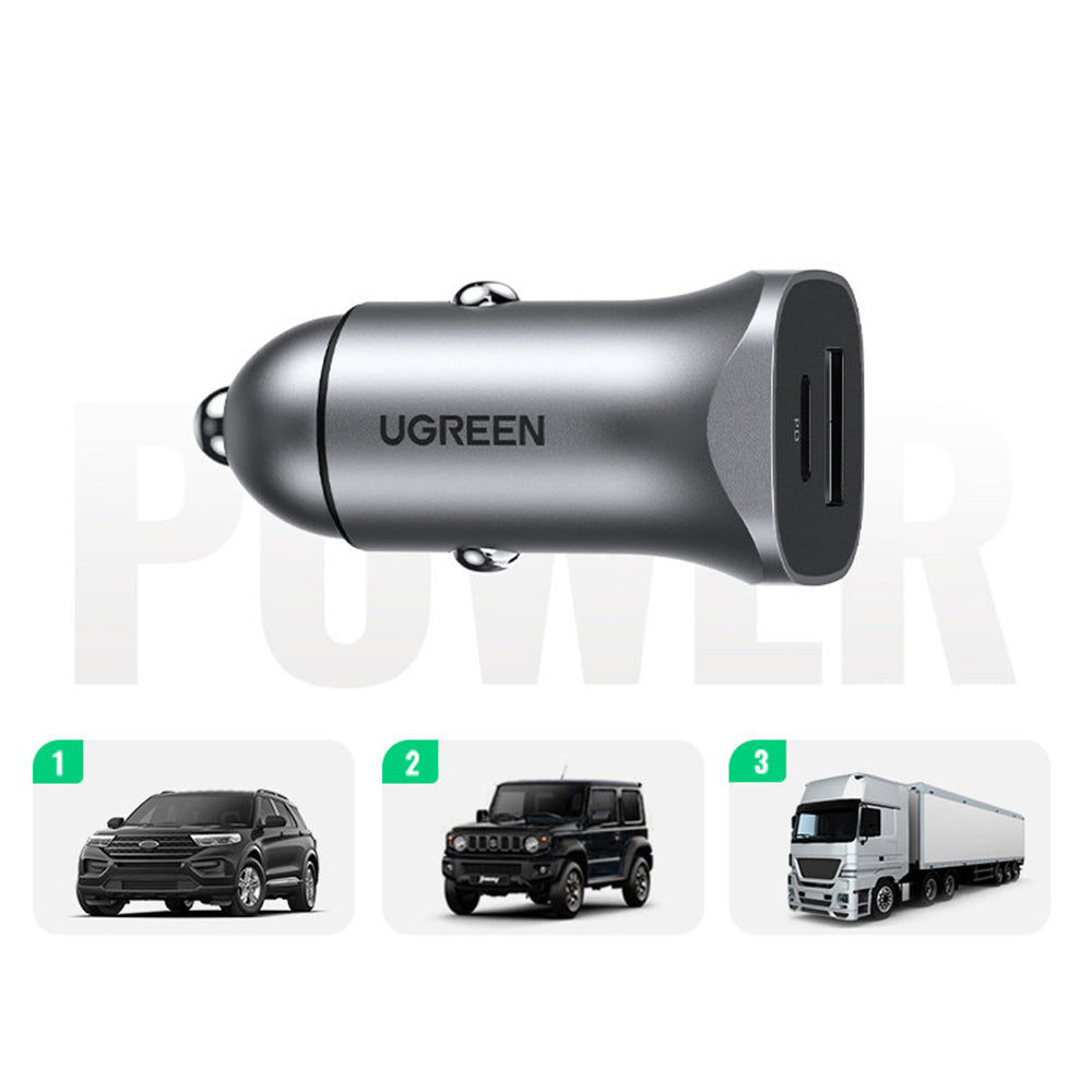 Incarcator Auto UGREEN CD130, 24W, 3A, 1 x USB-A - 1 x USB-C, Gri