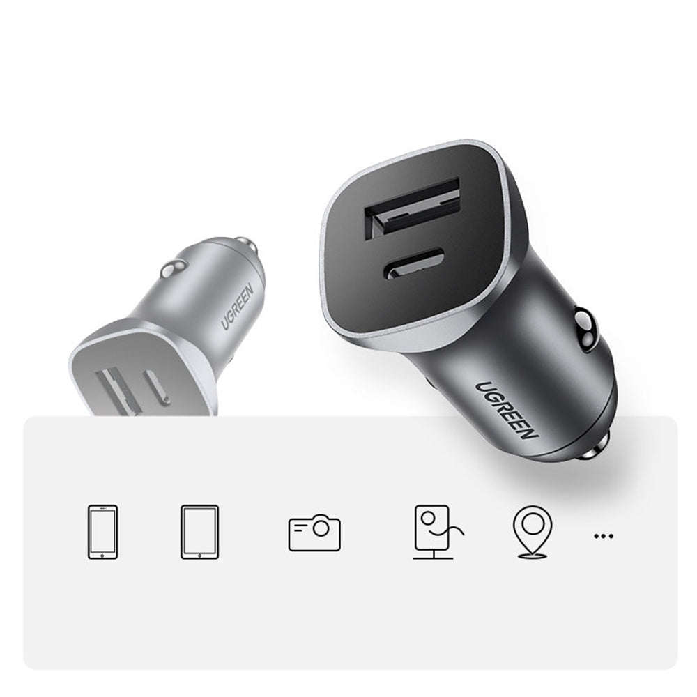 Incarcator Auto UGREEN CD130, 24W, 3A, 1 x USB-A - 1 x USB-C, Gri