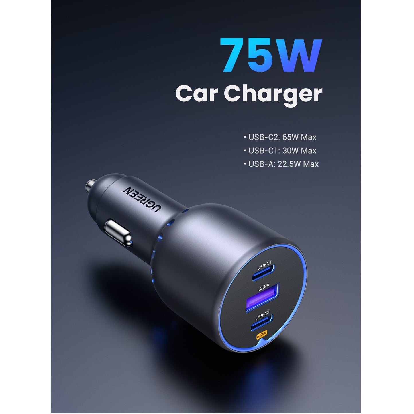 Incarcator Auto UGREEN EC703, 75W, 3.25A, 1 x USB-A - 2 x USB-C, Negru