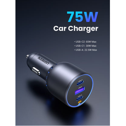 Incarcator Auto UGREEN EC703, 75W, 3.25A, 1 x USB-A - 2 x USB-C, Negru