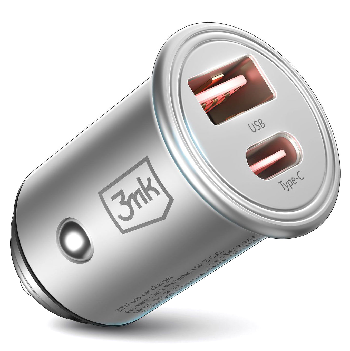 Incarcator Auto 3MK HyperCharger, 30W, 5A, 1 x USB-A - 1 x USB-C, Argintiu