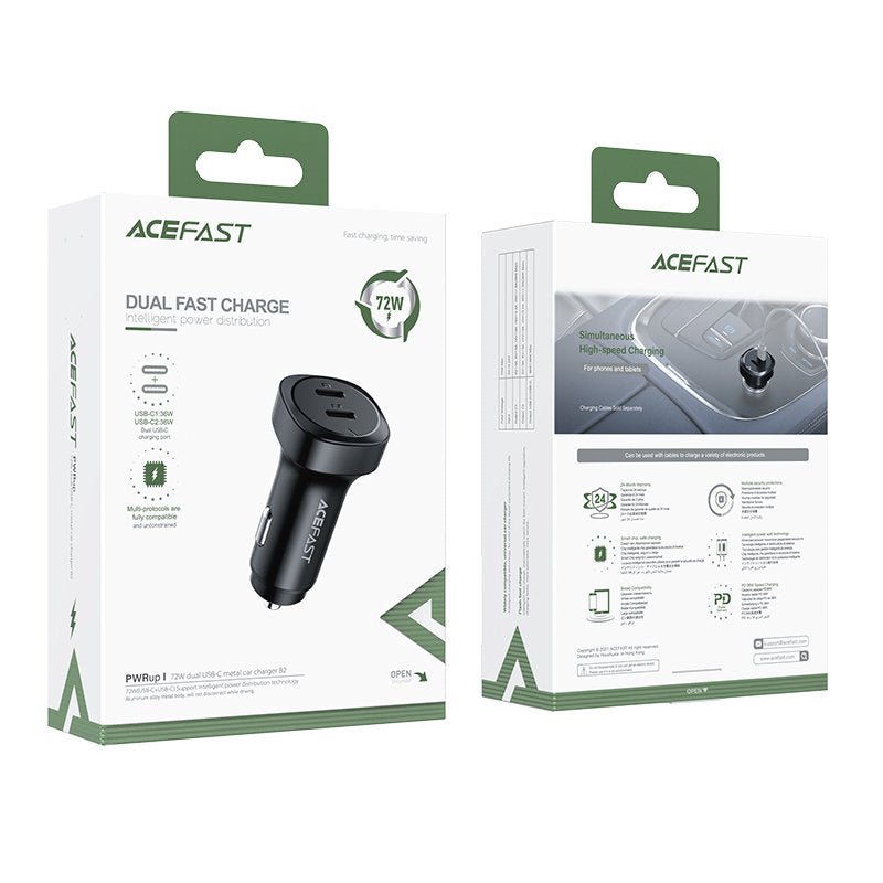 Incarcator Auto Acefast B2, 72W, 3A, 2 x USB-C, Negru