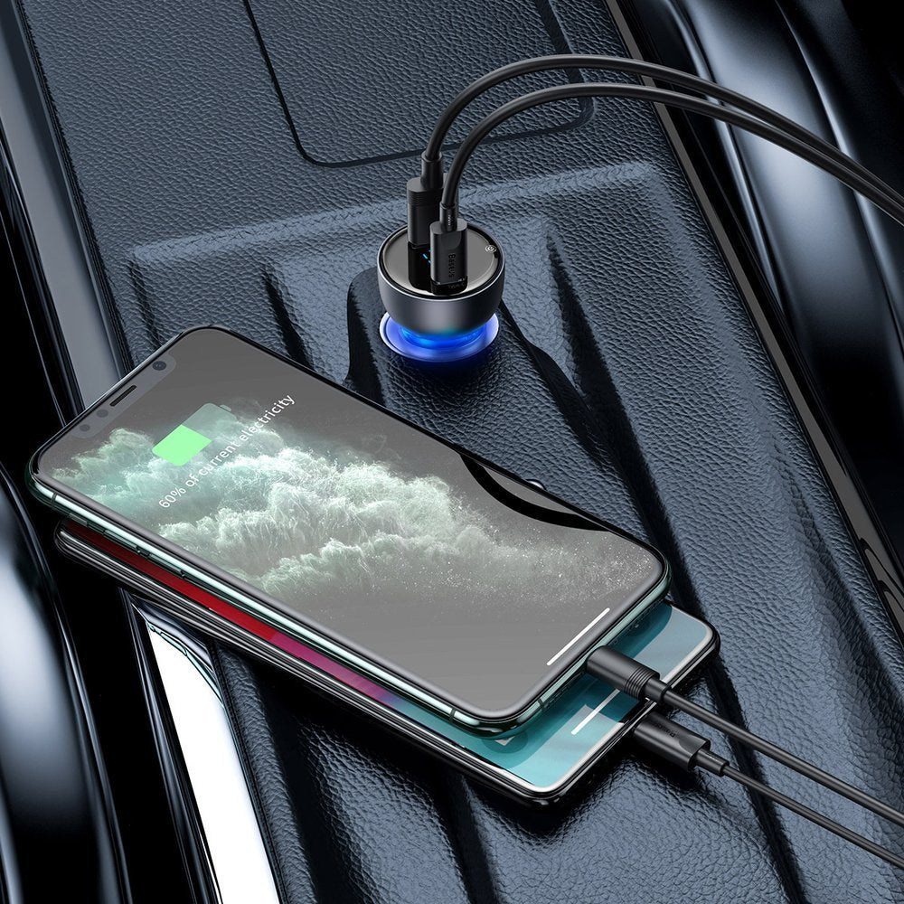 Incarcator Auto Baseus, 63W, 5A, 1 x USB-A - 1 x USB-C, Argintiu CCKX-C0A