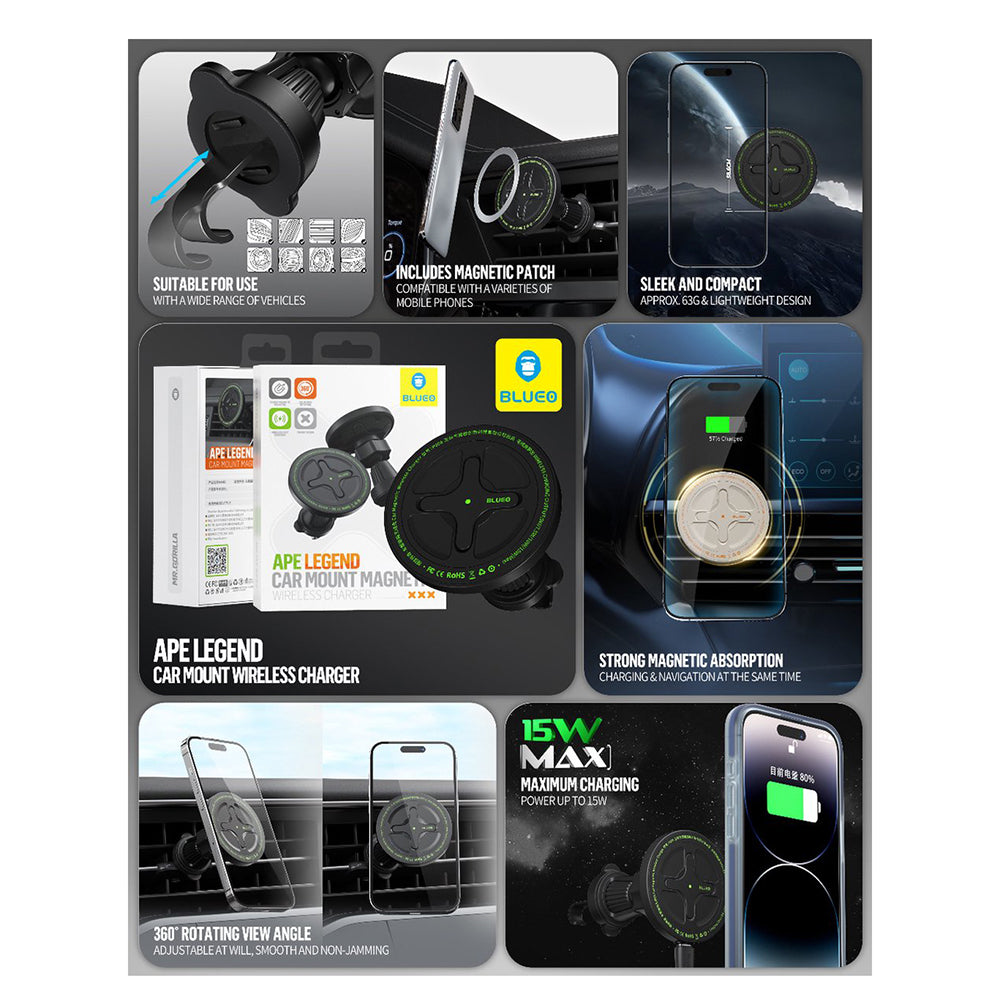 Incarcator Auto Wireless Blueo Ape Legend, 15W, 1.67A, Negru