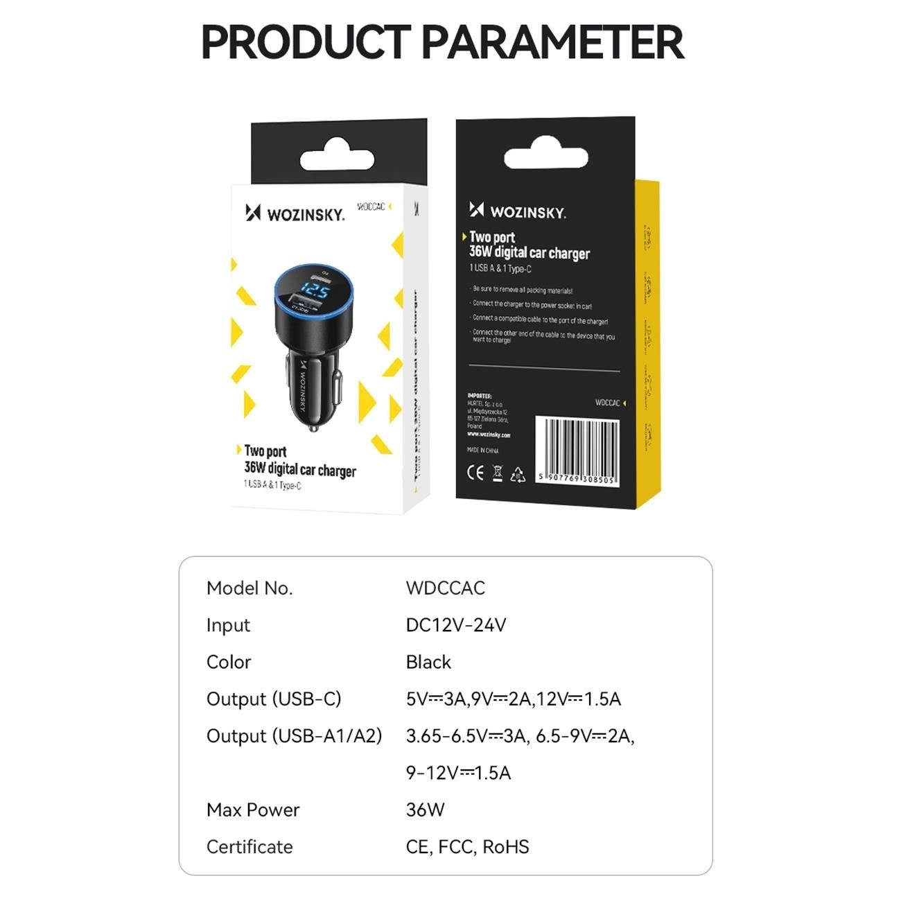 Incarcator Auto WZK WDCCAC, 36W, 3A, 1 x USB-A - 1 x USB-C, Negru