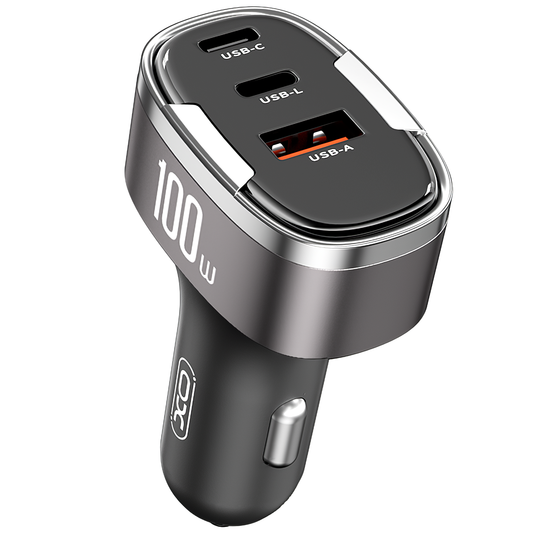Incarcator Auto XO Design CC61, 100W, 3A, 1 x Lightning - 1 x USB-A - 1 x USB-C, Gri