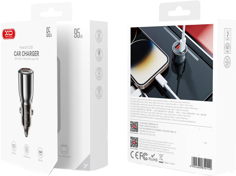 Incarcator Auto XO Design CC58, 95W, 3.25A, 1 x USB-A - 1 x USB-C, Negru