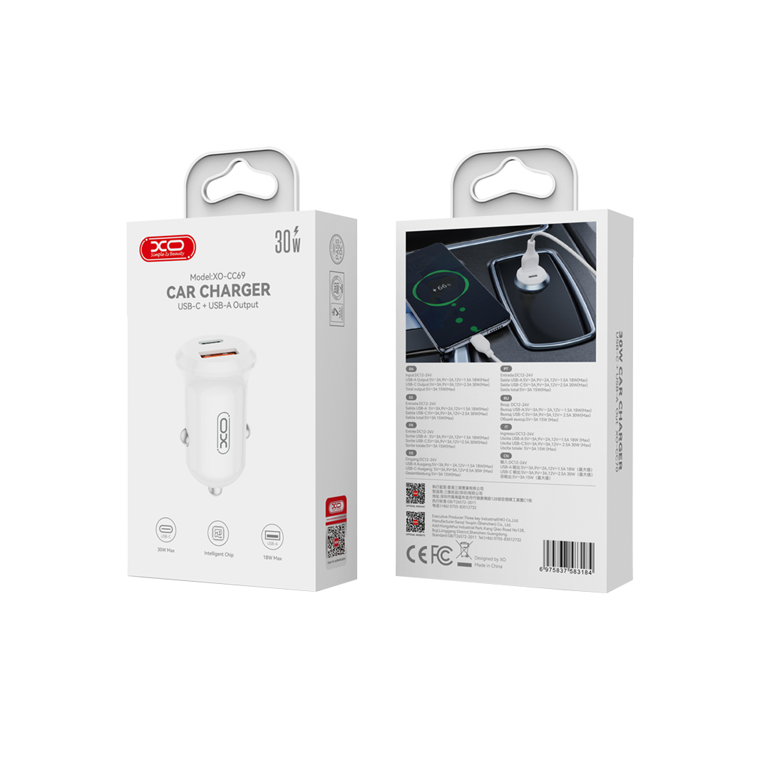 Incarcator Auto XO Design CC69, 30W, 3A, 1 x USB-A - 1 x USB-C, Alb