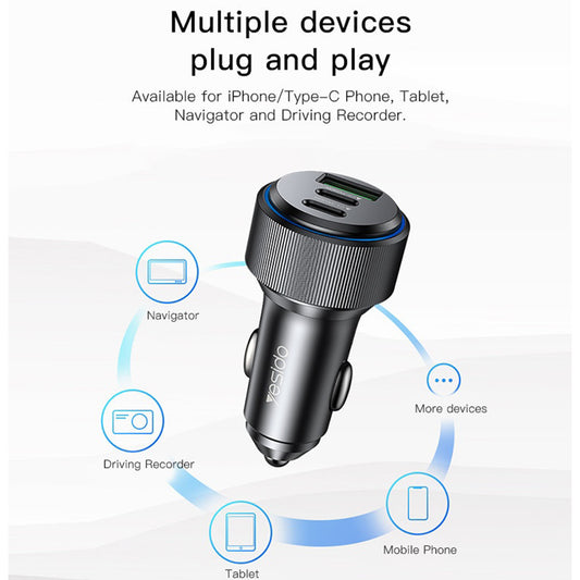 Incarcator Auto Yesido Y50, 60W, 3A, 1 x USB-A - 2 x USB-C, Negru