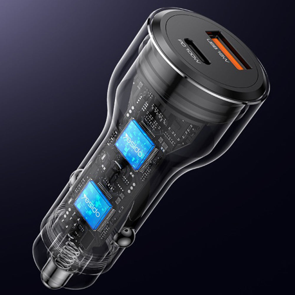 Incarcator Auto Yesido Y65, 100W, 5A, 1 x USB-A - 1 x USB-C, Negru