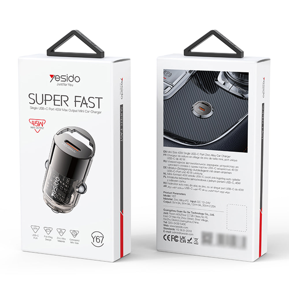 Incarcator Auto Yesido Y67, 45W, 3A, 1 x USB-C, Negru