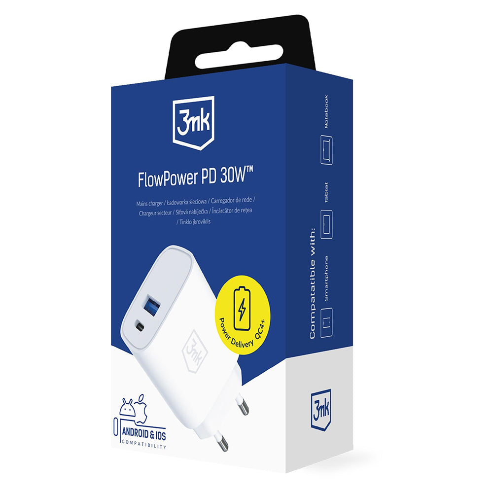 Incarcator Retea 3MK FlowPower, 30W, 1 x USB-A - 1 x USB-C, Alb