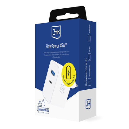 Incarcator Retea 3MK FlowPower, 45W, 1 x USB-A - 1 x USB-C, Alb
