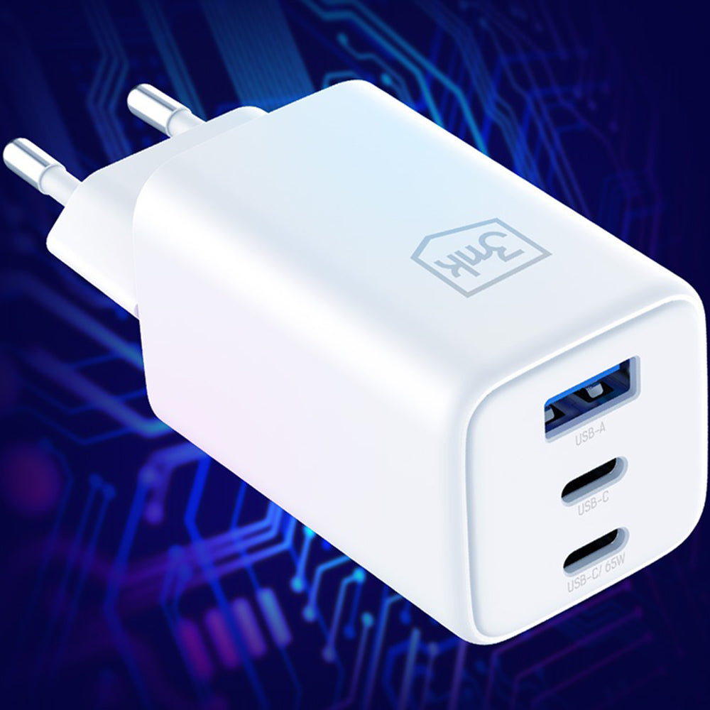 Incarcator Retea 3MK Hyper, 65W, 3.25A, 1 x USB-A - 2 x USB-C, Alb