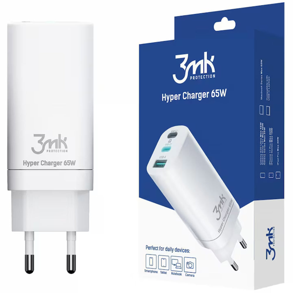 Incarcator Retea 3MK HyperCharger, 65W, 5A, 1 x USB-A - 2 x USB-C, Alb