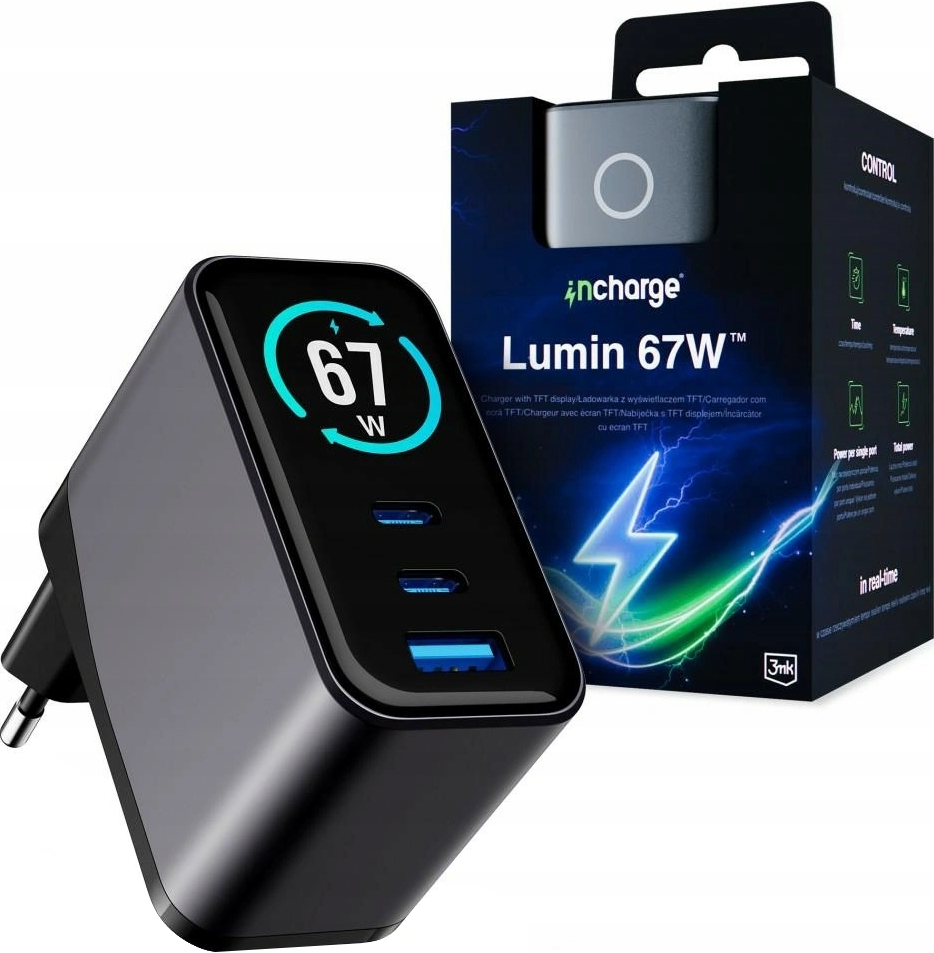Incarcator Retea 3MK InCharge Lumin Display, 67W, 5A, 1 x USB-A - 2 x USB-C, Negru