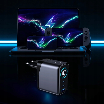 Incarcator Retea 3MK InCharge Lumin Display, 67W, 5A, 1 x USB-A - 2 x USB-C, Negru