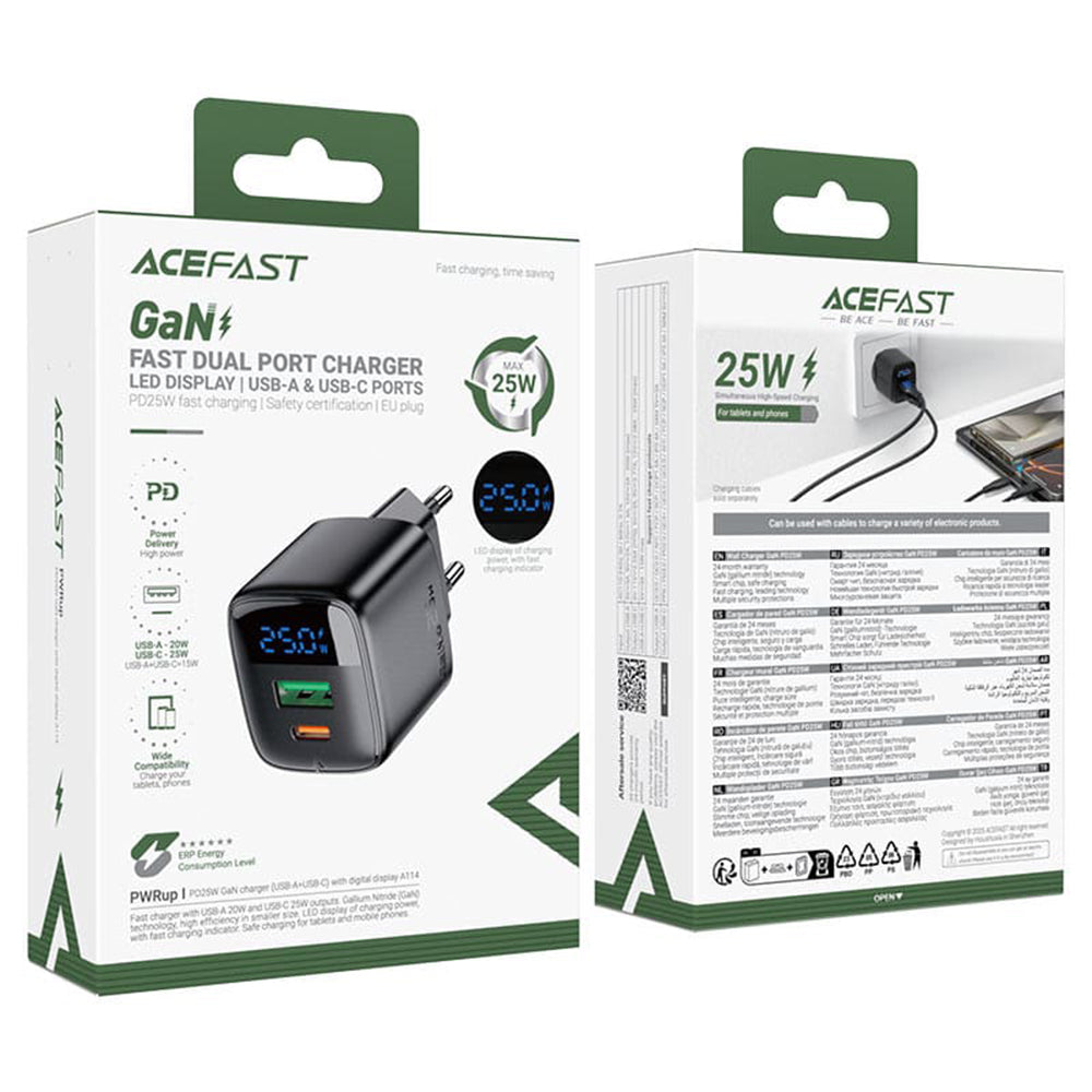 Incarcator Retea Acefast A114 Display, 25W, 3A, 1 x USB-A - 1 x USB-C, Negru