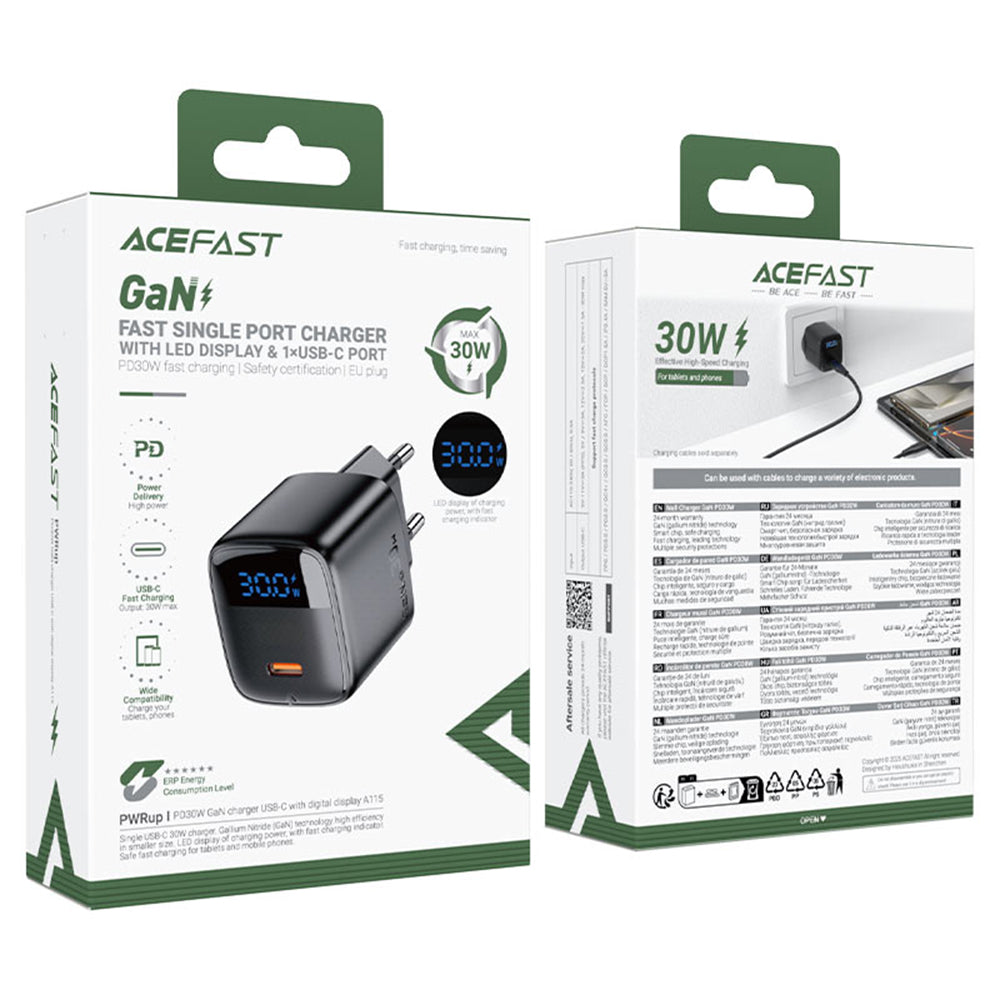 Incarcator Retea Acefast A115 Display, 30W, 3A, 1 x USB-C, Negru