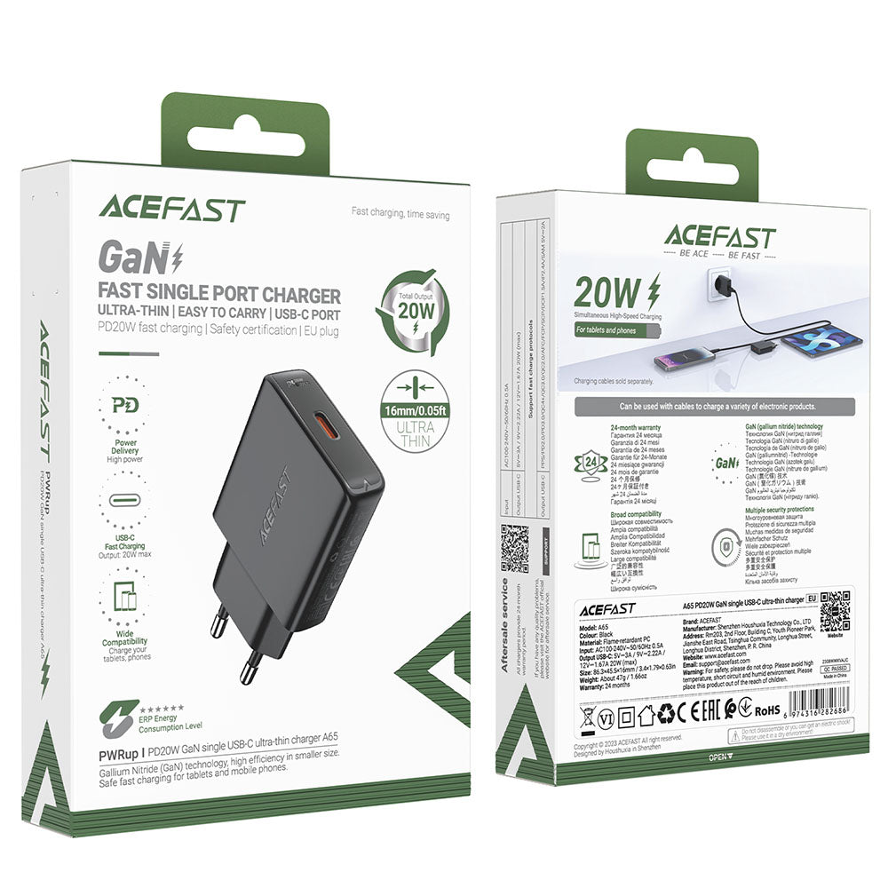 Incarcator Retea Acefast A65, 20W, 3A, 1 x USB-C, Negru
