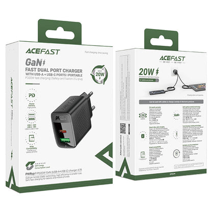 Incarcator Retea Acefast A78, 20W, 3A, 1 x USB-A - 1 x USB-C, Negru