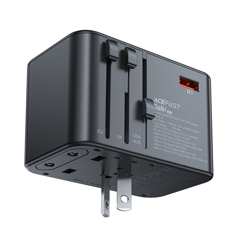 Incarcator Retea Acefast Travel Z1, 75W, 3.35A, 2 x USB-A - 3 x USB-C, Negru