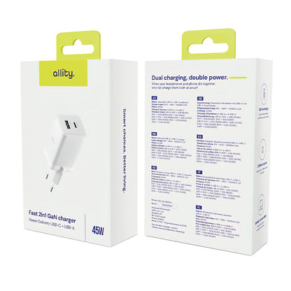 Incarcator Retea Allity. ATC-01-45WCC Fast, 45W, 3A, 1 x USB-A - 1 x USB-C, Alb