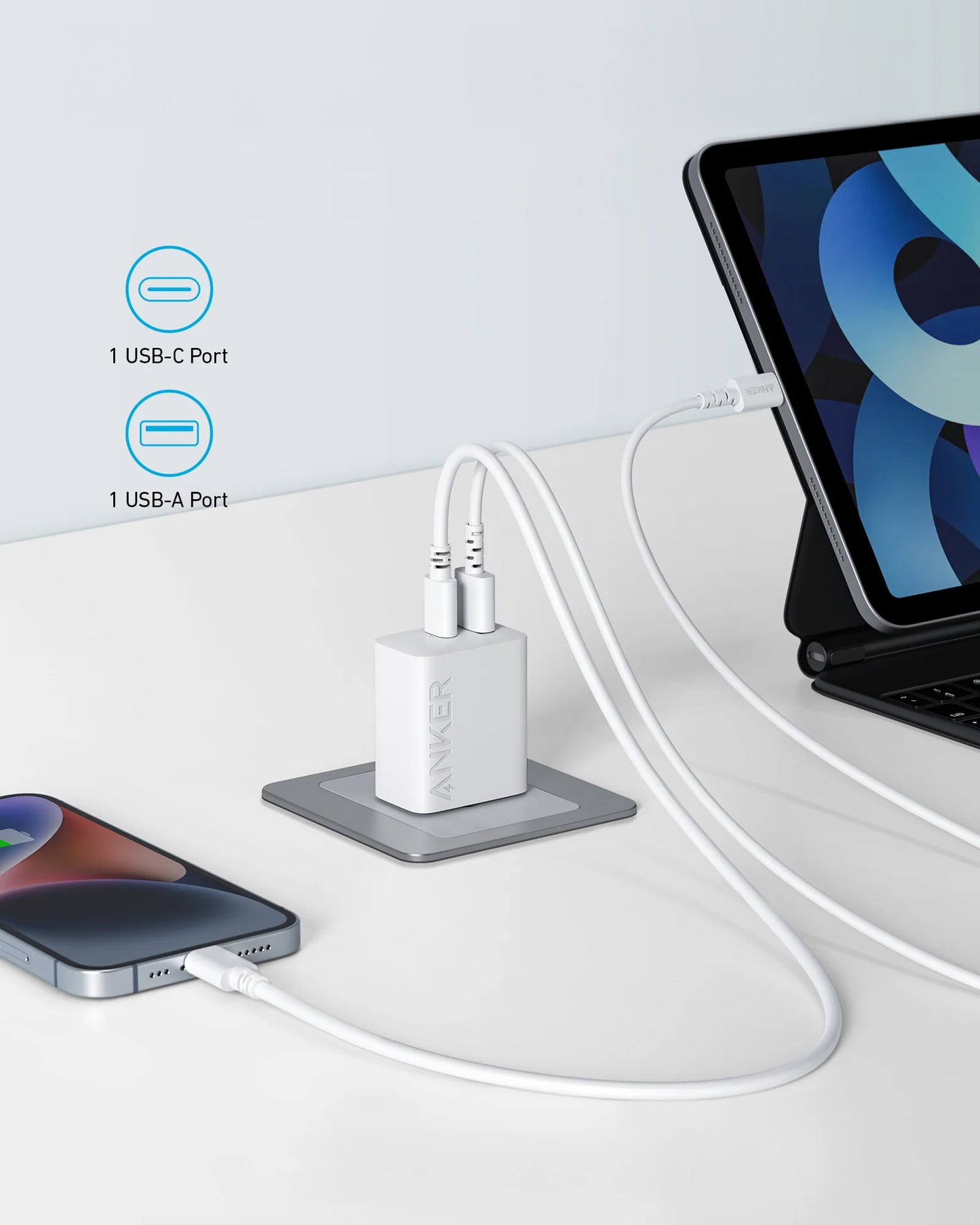 Incarcator Retea Anker 312, 20W, 3A, 1 x USB-A - 1 x USB-C, Alb A2348G21