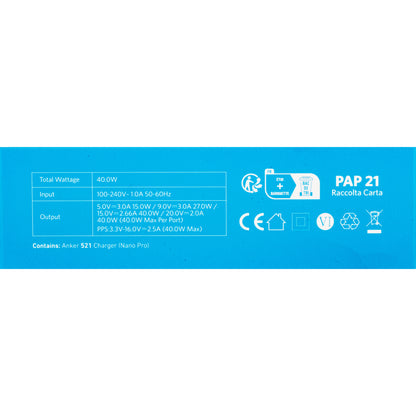 Incarcator Retea Anker 521 Nano Pro, 40W, 3A, 2 x USB-C, Alb A2038G21