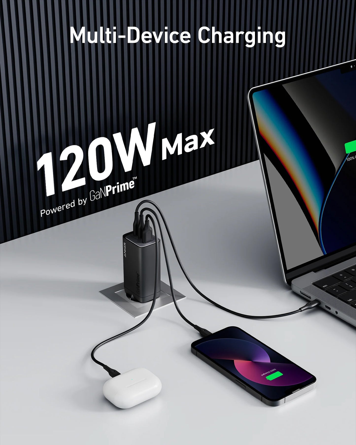 Incarcator Retea Anker 737, 120W, 5A, 1 x USB-A - 2 x USB-C, Negru