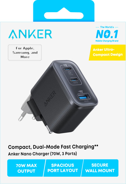 Incarcator Retea Anker Nano, 70W, 3.5A, 1 x USB-A - 2 x USB-C, Negru A121AL11
