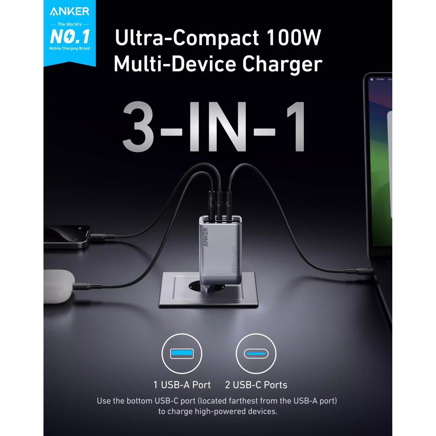 Incarcator Retea Anker Prime, 100W, 3A, 1 x USB-A - 2 x USB-C, Gri A2688341